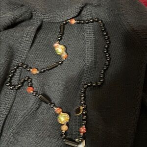 Elegant, Vintage Black onyx and Gold Beaded Necklace with hand painted flowers